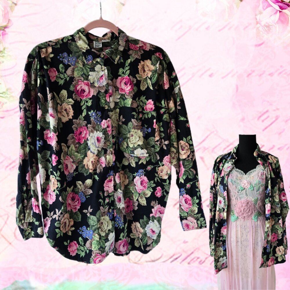 At Last & Company Button Down Shirt Rose Print  Capsule Boho Top